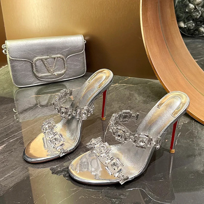 Transparent Crystal High Heel Slippers Women Sexy Silver Thin Heel Wedding Shoes 260520