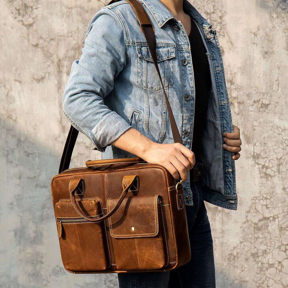 Men Business Genuine Leather Briefcase Retro Top Layer Cowhide Design Stylish Casual Official Handbag Multi-purpose Office Commute Shoulder Bag SENYY