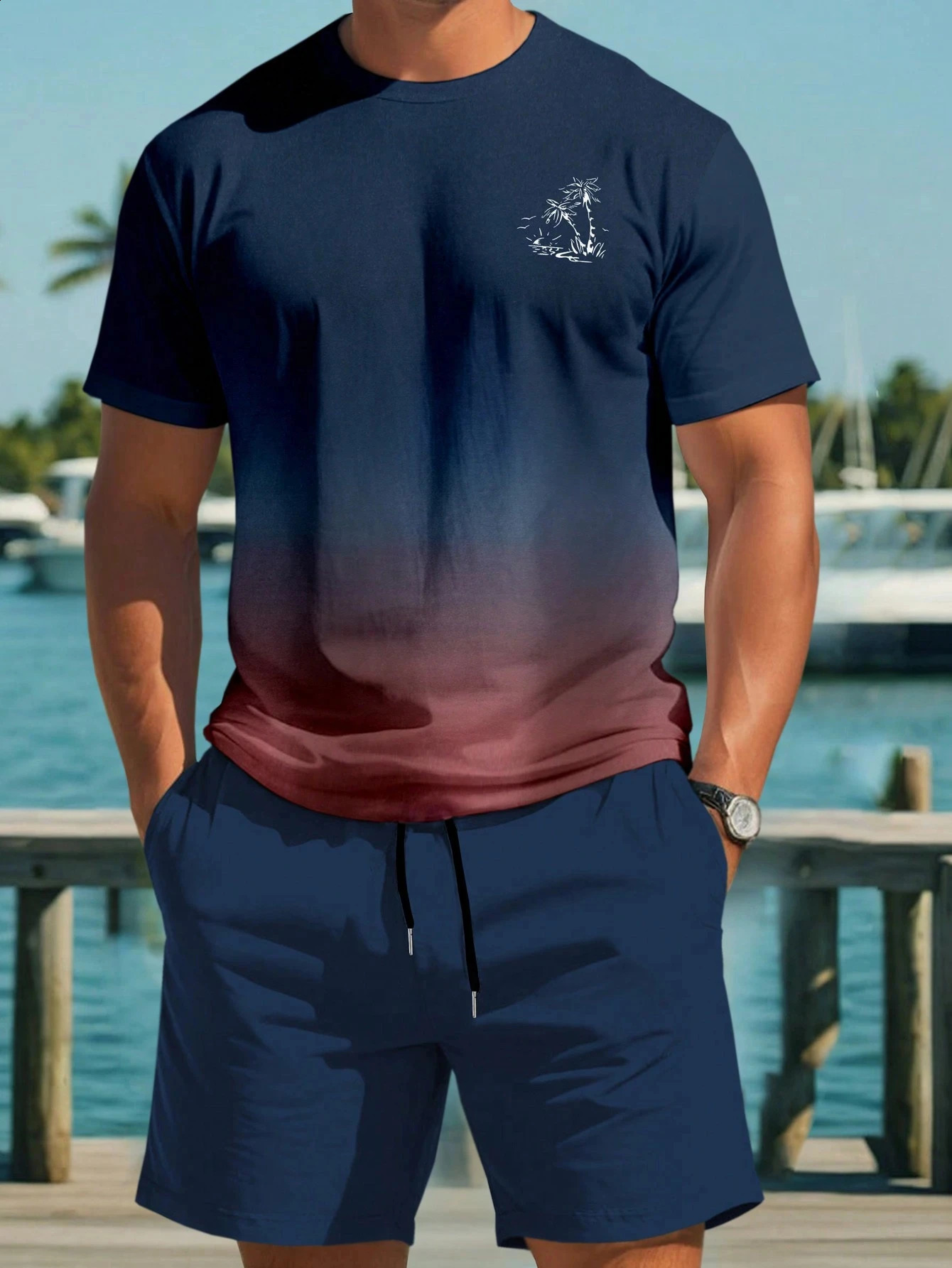 Palm Tree Printed Men Spring and Summer Two Pieces Set Casual Round Neck Short Sleeve Tshirt Shorts Sport Suit Print Clothing 260520