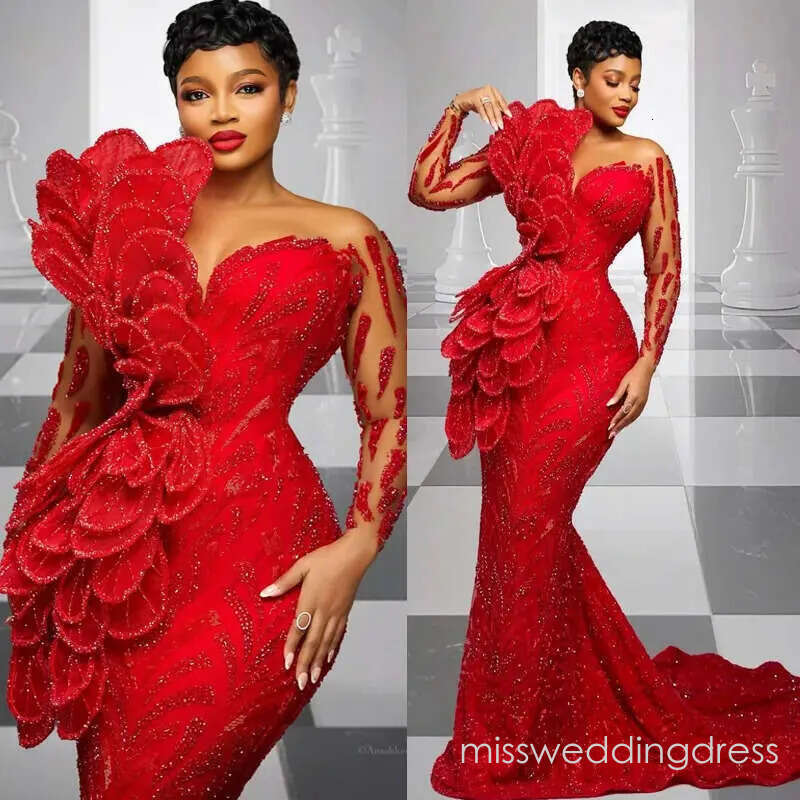 2026 Aso Ebi Red Prom Dress Mermaid Evening Dresses Formal Gowns For Black Women Sheer Neck Illusion Beaded Lace Crystals Flora Birthday Second Recept