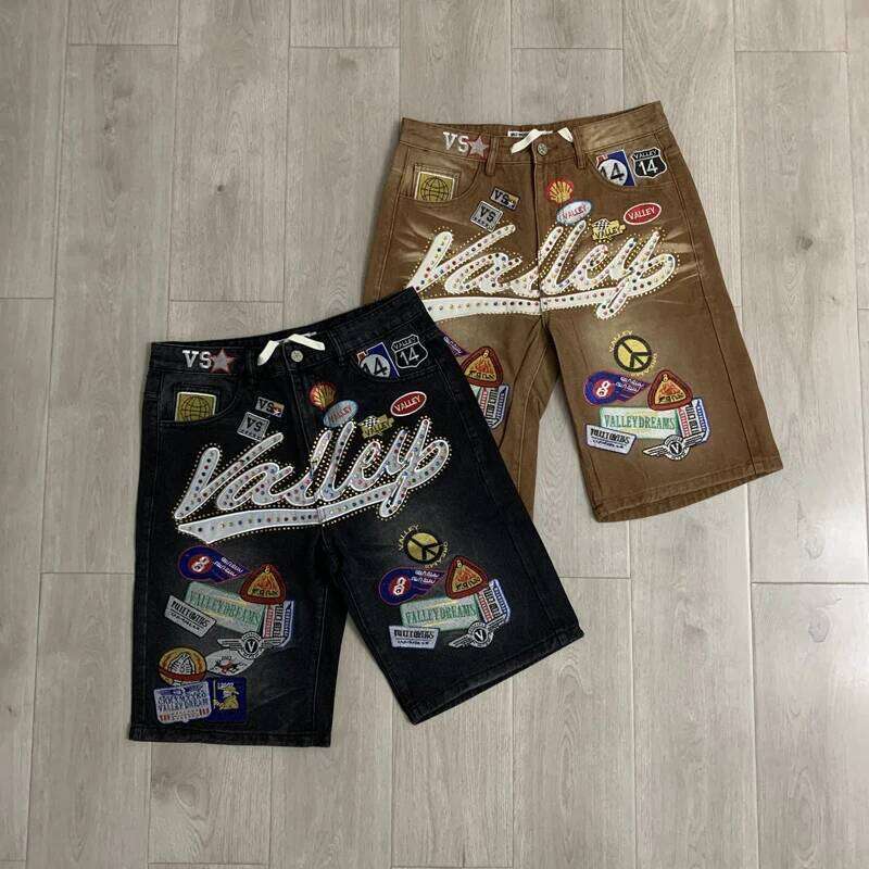 Colorful Rhinestone VALLEY Embroidery Patch Label Denim Shorts Jorts Men Women High Quality Loose Straight Short Jeans J260520