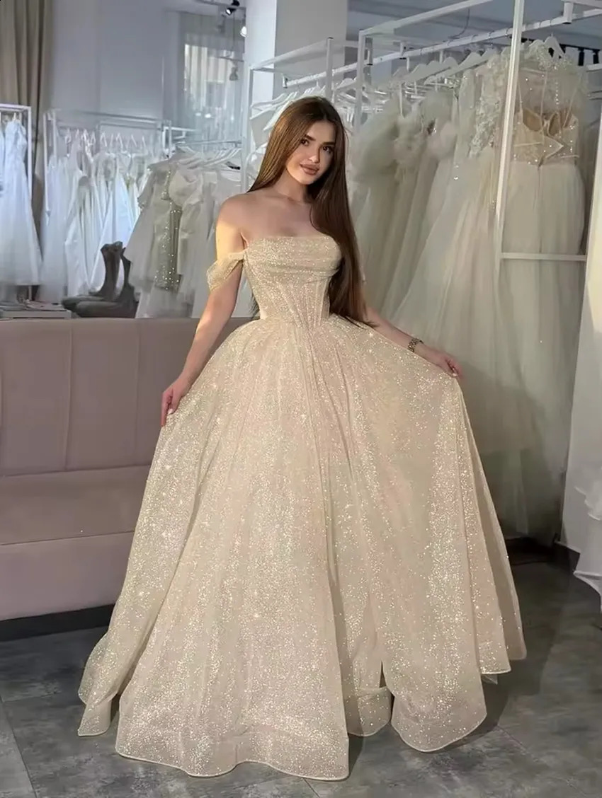 Customized Moden Prom Dress 2026 Glitter Tulle Off the Shoulder Wedding Party Boatneck Aline FloorLength Evening Gowns 260520 - view 6