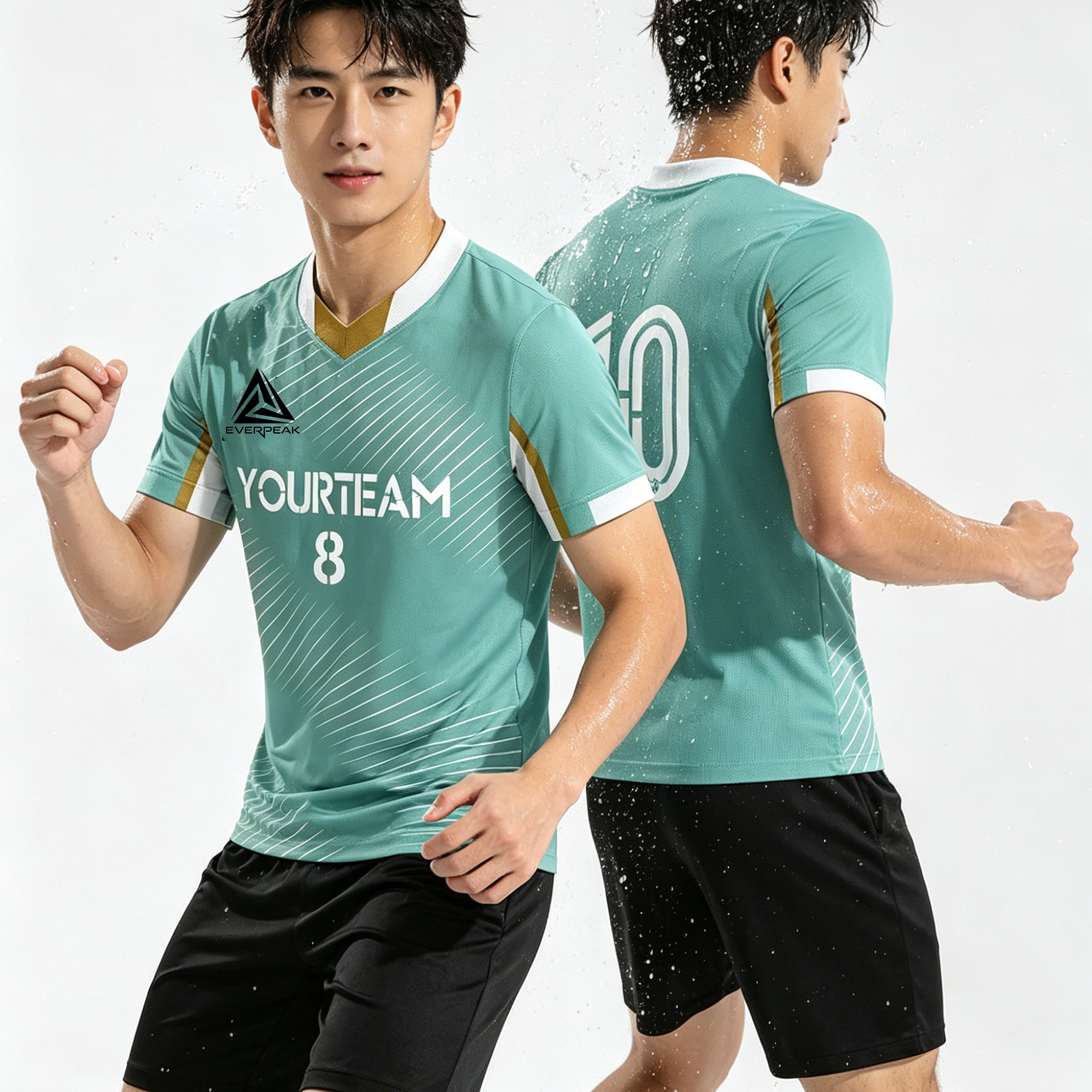 Custom Soccer Jersey Set Men Mint Green with Gold Accent Football Uniform with Shorts Personalized Name Number Breathable Quick Dry Kit - view 4