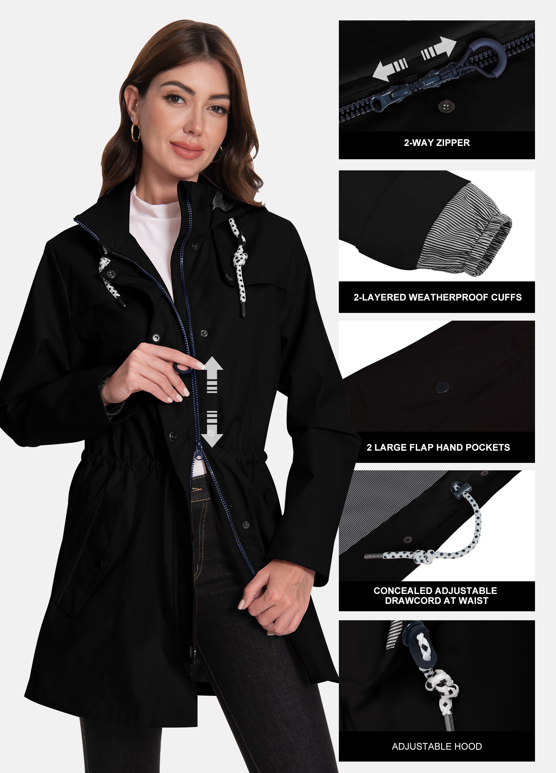 Outdoor Friendly Womens Long Length Waterproof Rainwear with Adjustable Hood