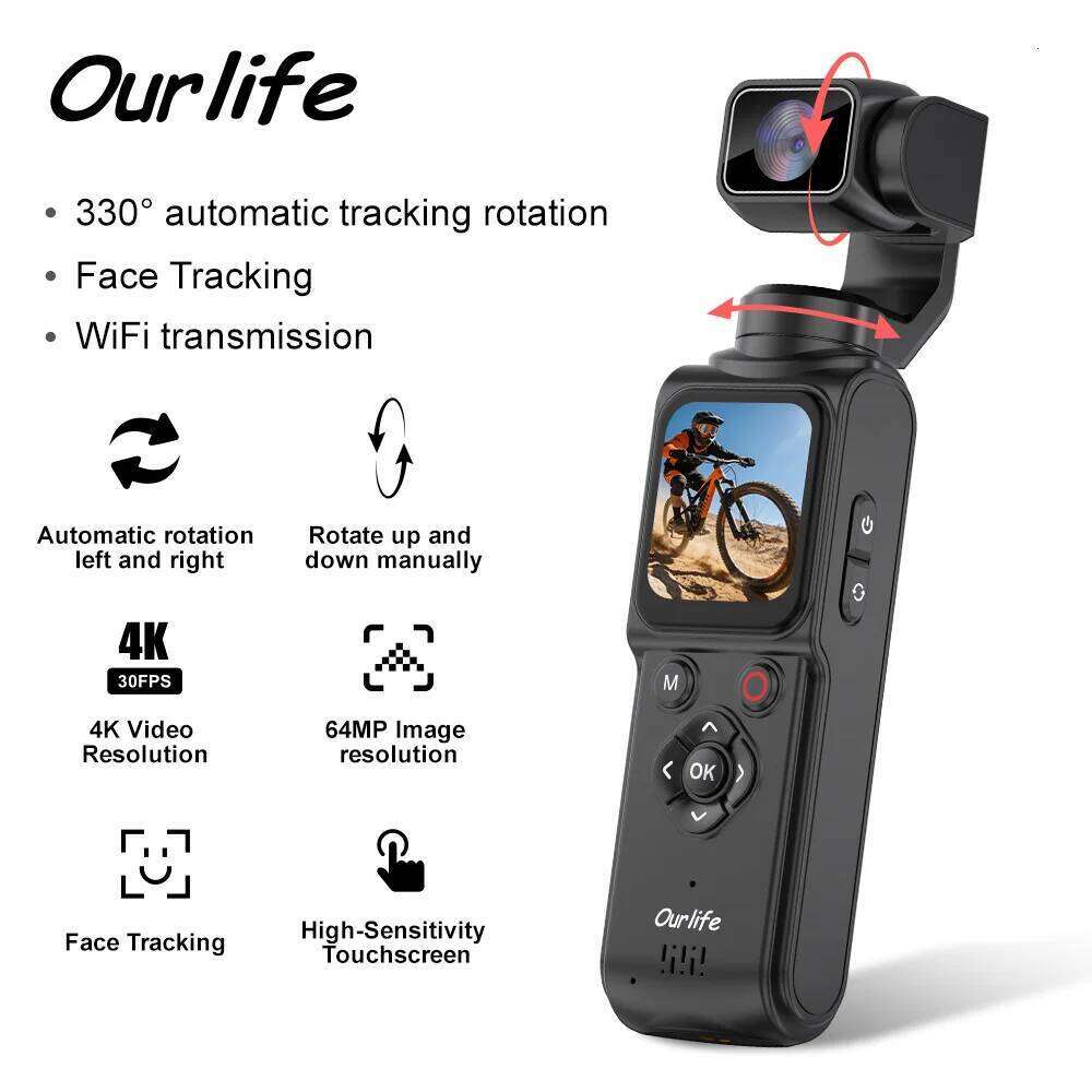 Ourlife 4K Action 330 Face Tracking Gimbal Stabilizer 1.72 Inch Touch Screen 64MP Pocket Digital Camera WiFi Sports Cam 26Y0520