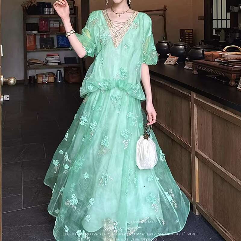 Elegant Bead Embroidery Gold Dyed Mesh Dress Fashion New Chinese Style Summer Loose Casual High Grade Elegant Daily Party Women Clothing MAKOUFEI