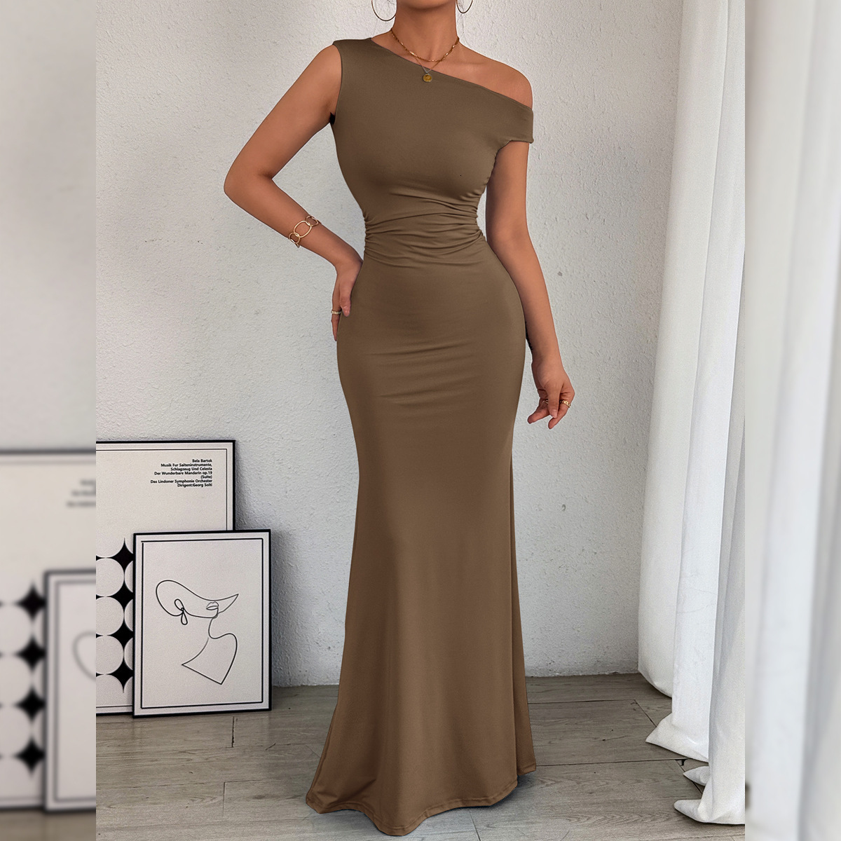 Dresses for Women Designer Asymmetrical Off Shoulder Ruched Waist Mermaid Maxi Dress Elegant Formal Evening Party Gown
