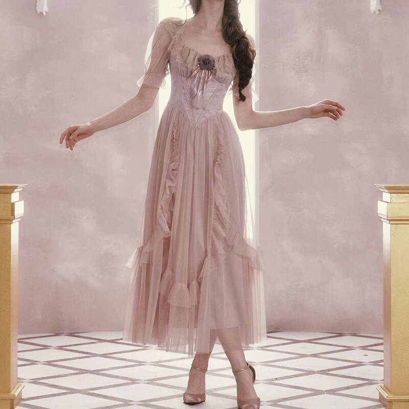 French Court Style Fairy Dress Waist Slimming Perspective Mesh Lace Splicing Elegant Women Daily Party Dress MAKOUFEI