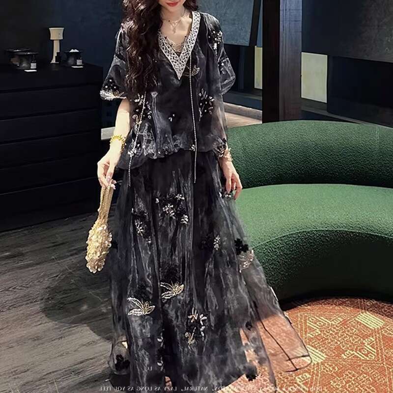 Elegant Bead Embroidery Gold Dyed Mesh Dress Fashion New Chinese Style Summer Loose Casual High Grade Elegant Daily Party Women Clothing MAKOUFEI