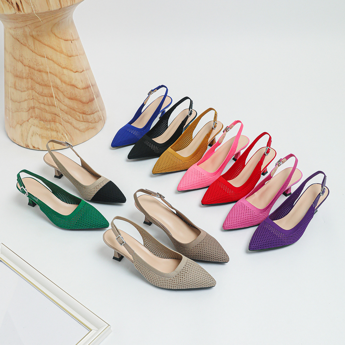 2026 Summer Women's Plus Size Knit Pointed Toe Sandals Ankle Strap 2.5 Inch Heels