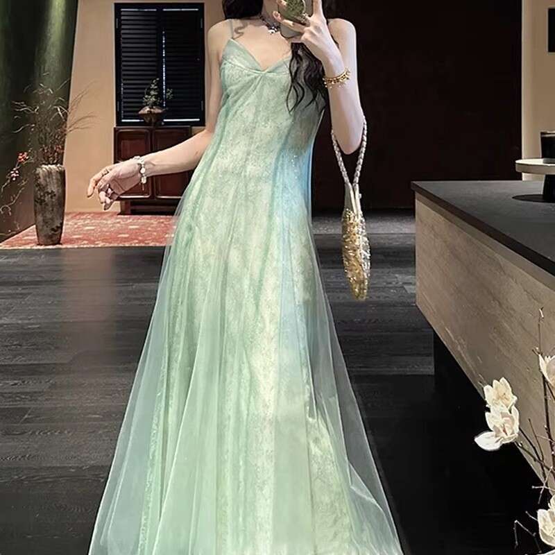 In Production New Chinese Style Summer V Neck Strap Dress Mesh Waist Design Elegant Fishtail Long Dress For Women MAKOUFEI