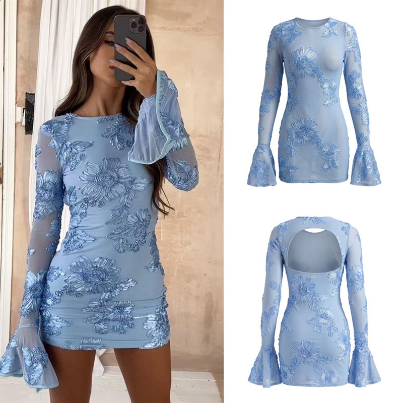 Beyprern Glam Rose Pink Floral Backless Short Party Dress Elegant Party Dresses For Women Long Sleeve Embroidered Birthday Dress 241213