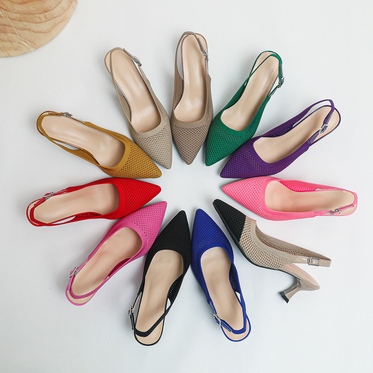 2026 Summer Women's Plus Size Knit Pointed Toe Sandals Ankle Strap 2.5 Inch Heels