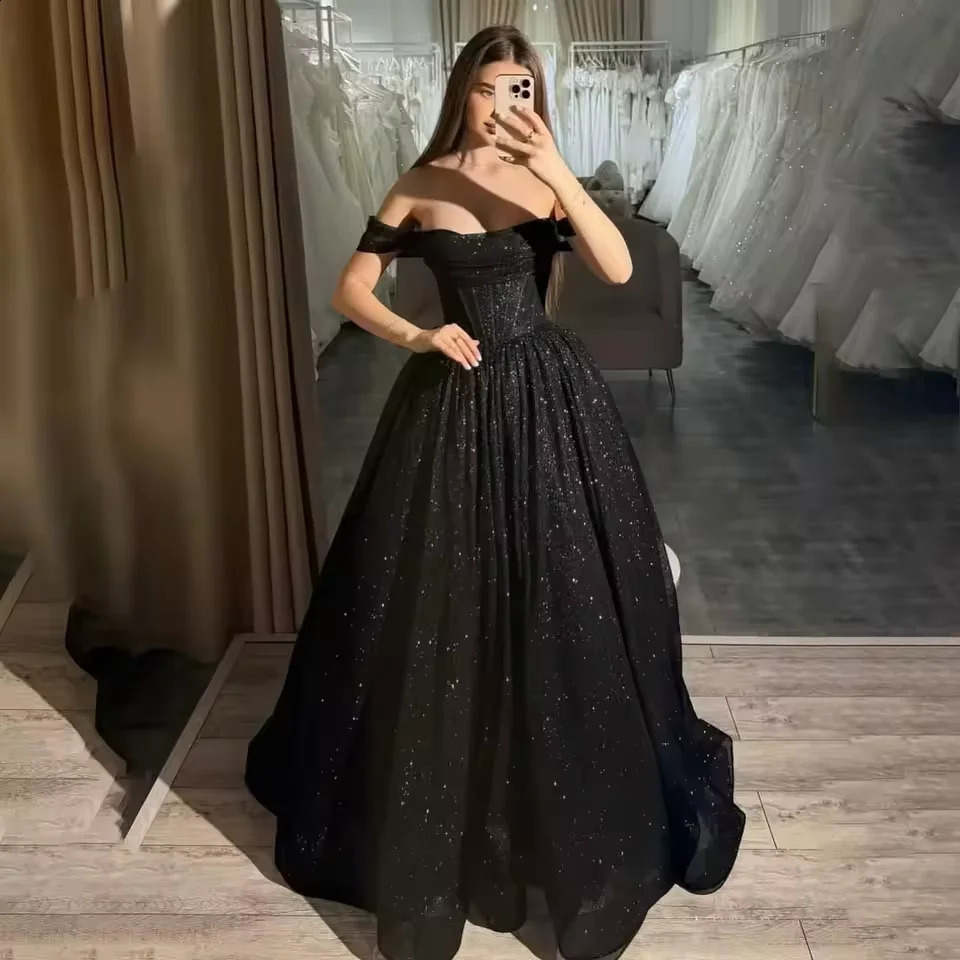 Customized Moden Prom Dress 2026 Glitter Tulle Off the Shoulder Wedding Party Boatneck Aline FloorLength Evening Gowns 260520 - view 3