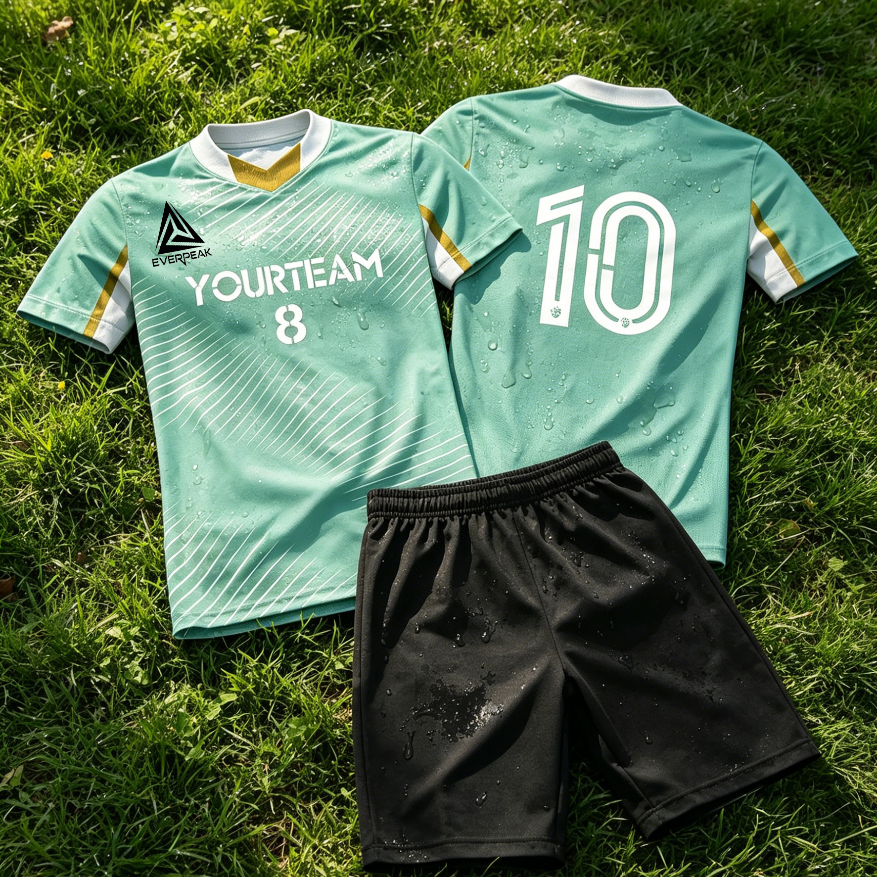 Custom Soccer Jersey Set Men Mint Green with Gold Accent Football Uniform with Shorts Personalized Name Number Breathable Quick Dry Kit - view 5