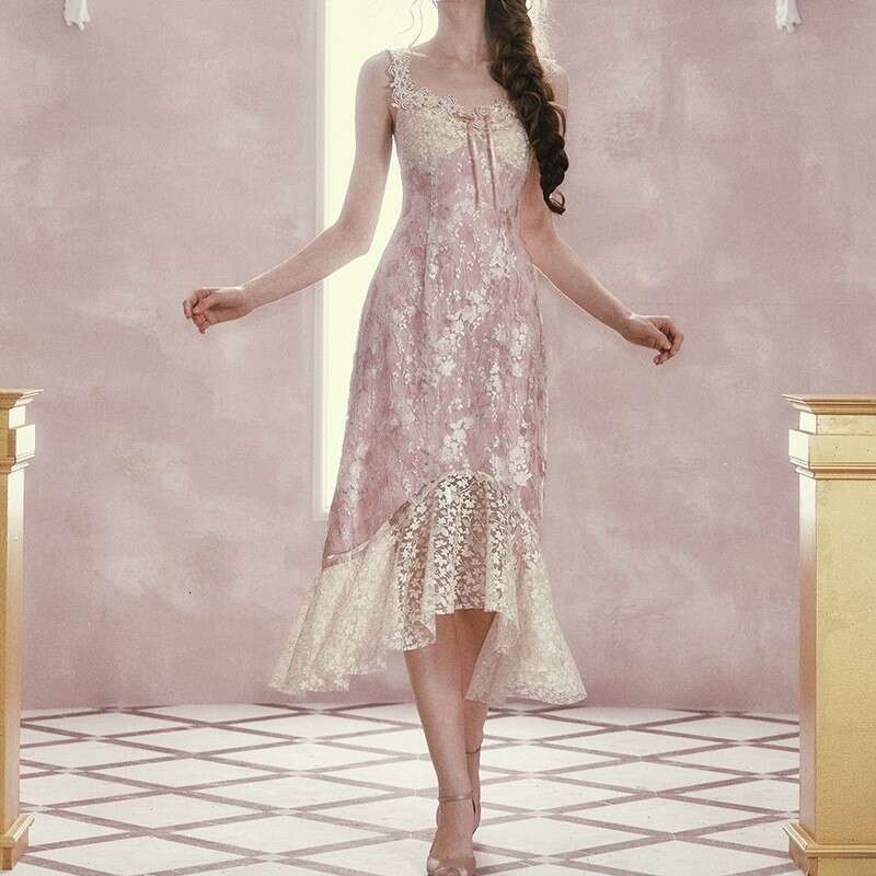 French Lace Camisole Dress Pink Floral Irregular Mermaid Hem Super Fairy Elegant Slim Women Long Dress MAKOUFEI