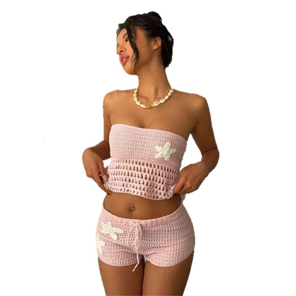 Designer New 2026! Cross-Border European And American Sexy Knitted Floral Beach Dress Bikini Swimsuit Cover-Up Sun Protection Set For Women 6b34
