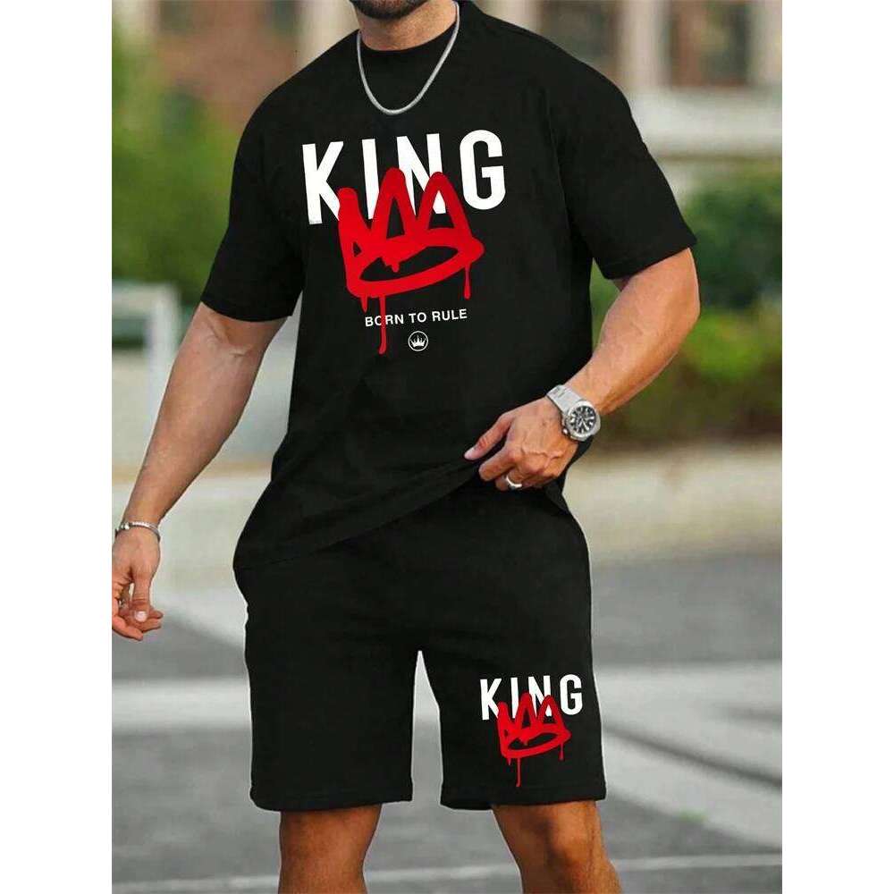 New Men's Short Sleeve Set Fashion King Printed T-Shirt Shorts 2 Sets of Casual Round Neck Jumper Breathable Sportswear 26Y0520