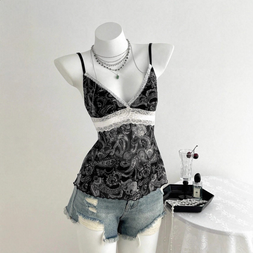 Harajuku Vintage Aesthetic Womens Casual Camisole Tee Sexy Slim Chic Floral Print Crop Top Y2K Grunge Punk Emo Girls Streetwear 250415