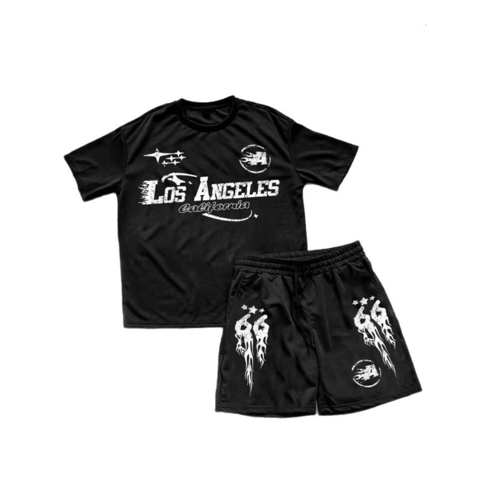 Set For Men Flame Pattern Print Drawstring Short Sleeve Top And Shorts Casual Summer Outfit