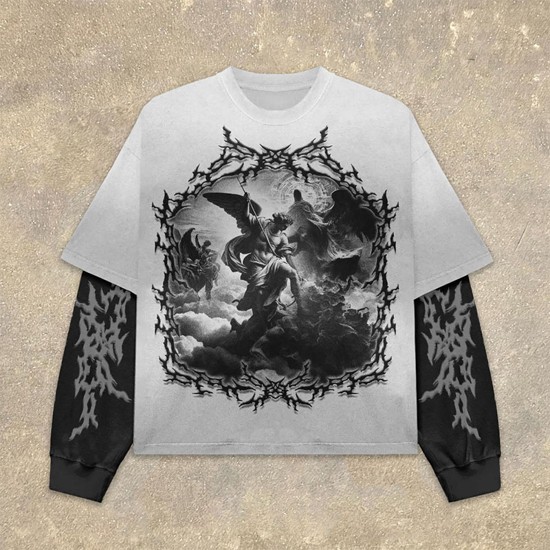 Men's T Shirts Retro Gothic Punk Stamping Craft Double Layer Long Sleeved Pullover Men Clothing Round Neck Sweatshirt Tops Streetwear