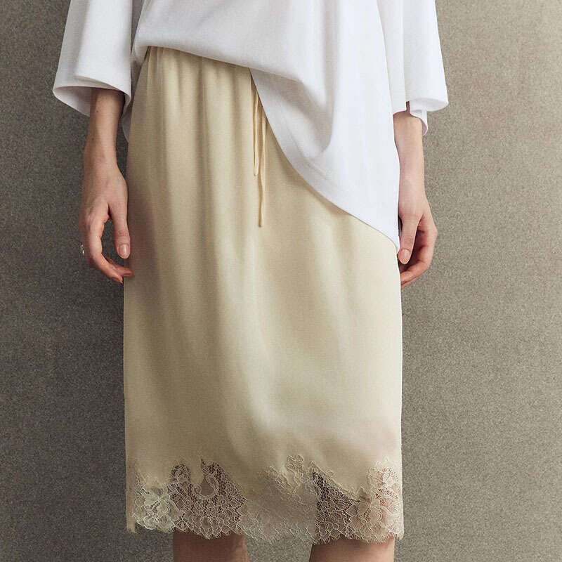 Custom Dyed Grade MM Silk Stretch Crepe Dress Embroidered Lace Trim Elegant Summer Women Outfit MAKOUFEI