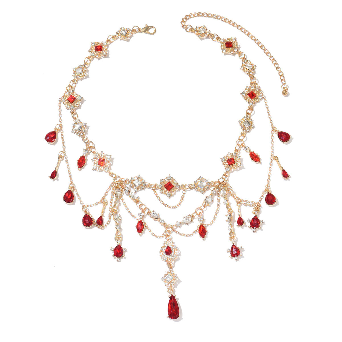 Gothic necklace wholesale, heavy industry tassel red gemstone pendant, high-end retro French layered collarbone chain for women