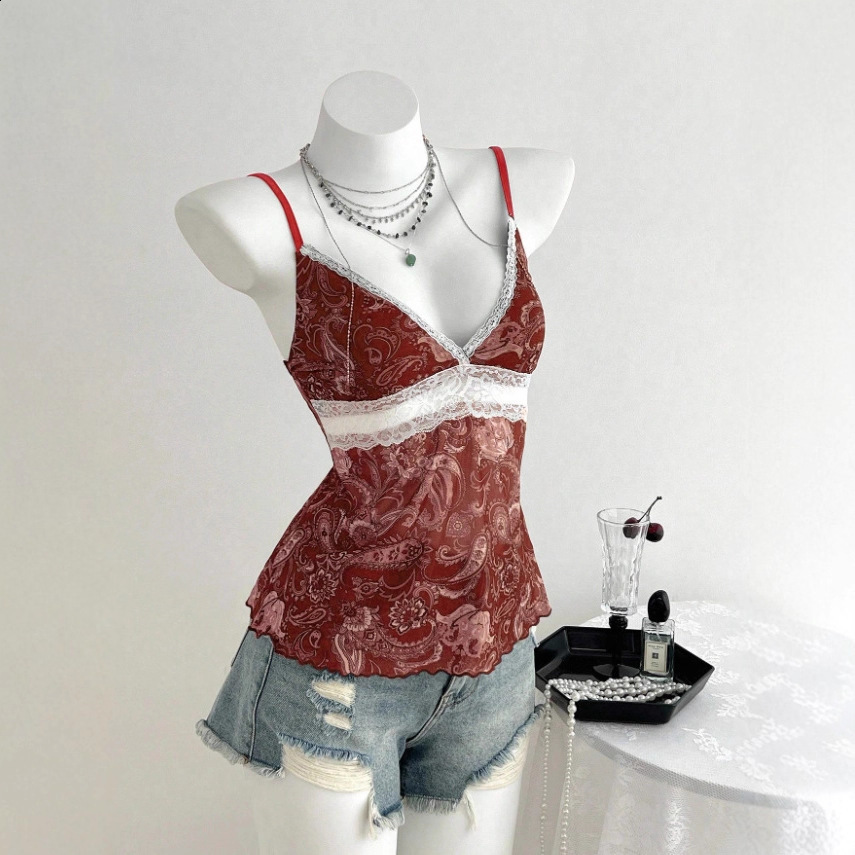Harajuku Vintage Aesthetic Womens Casual Camisole Tee Sexy Slim Chic Floral Print Crop Top Y2K Grunge Punk Emo Girls Streetwear 250415