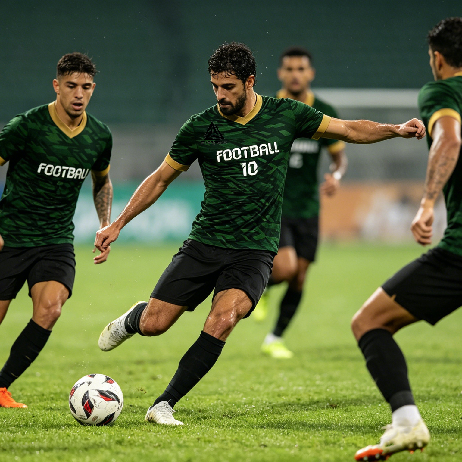 Custom Soccer Jersey Set Men Dark Green Camo with Gold Trim Football Uniform with Shorts Personalized Name Number Breathable Quick Dry Kit - view 4