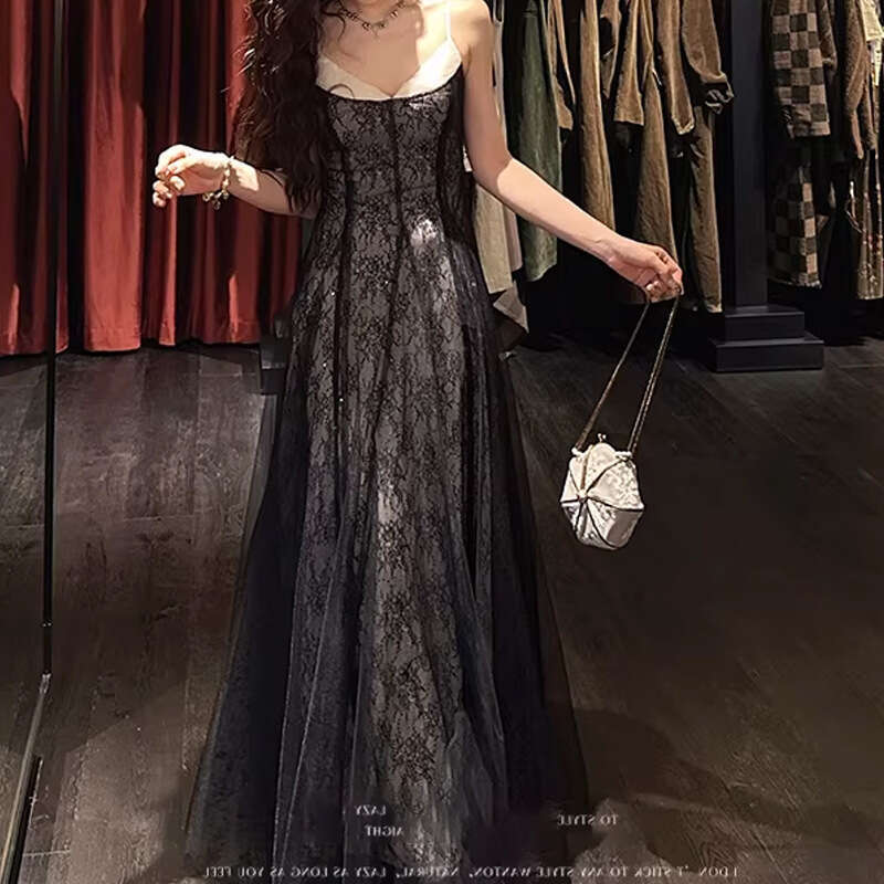 Elegant Flower Branch Shadow Slip Dress Multi Layer High Transparent Sequin Lace Design New Chinese Style Mesh Long Dress Chic Holiday Daily Women Out