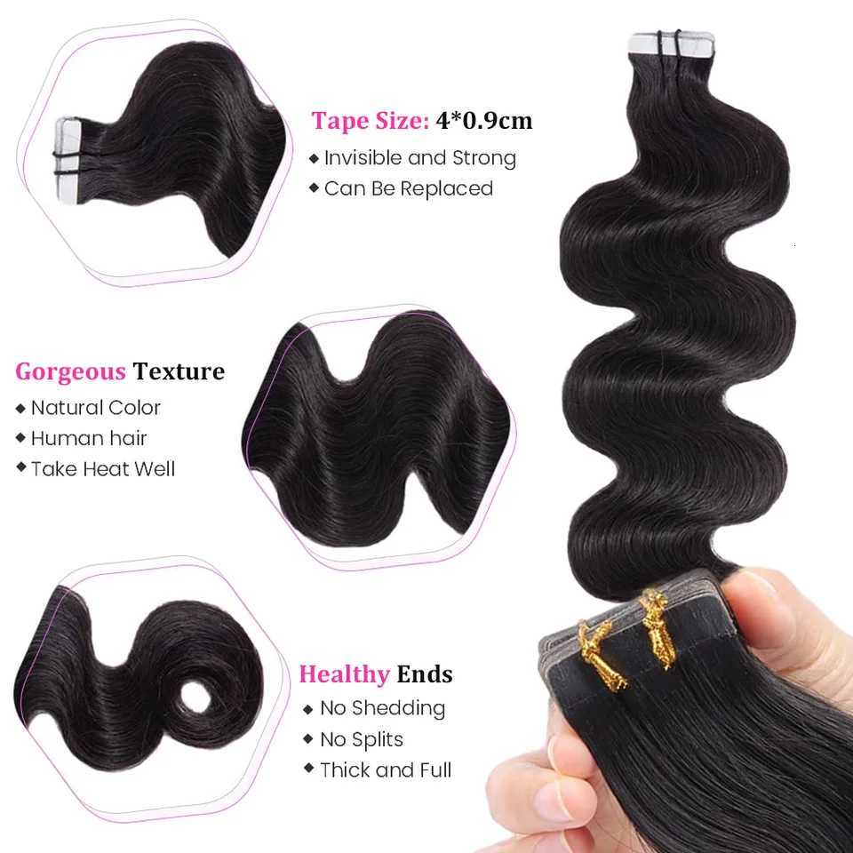 Natural Tape in Hair Extensions 100 Human Hair Body Wave Wavy Black Seamless Skin Weft Tape Ins Hair Extension 20PCS/Pack C260521