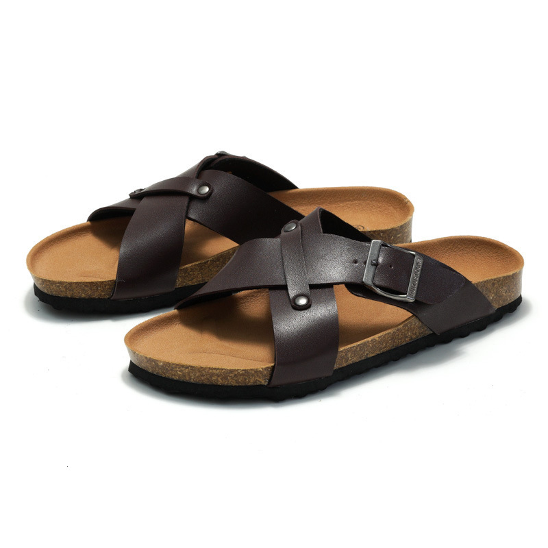 RUIZUSTOCK Women Fashion Cross Strap Slide Sandals PU Leather Cork Footbed Flat Slippers With Adjustable Buckle - view 3