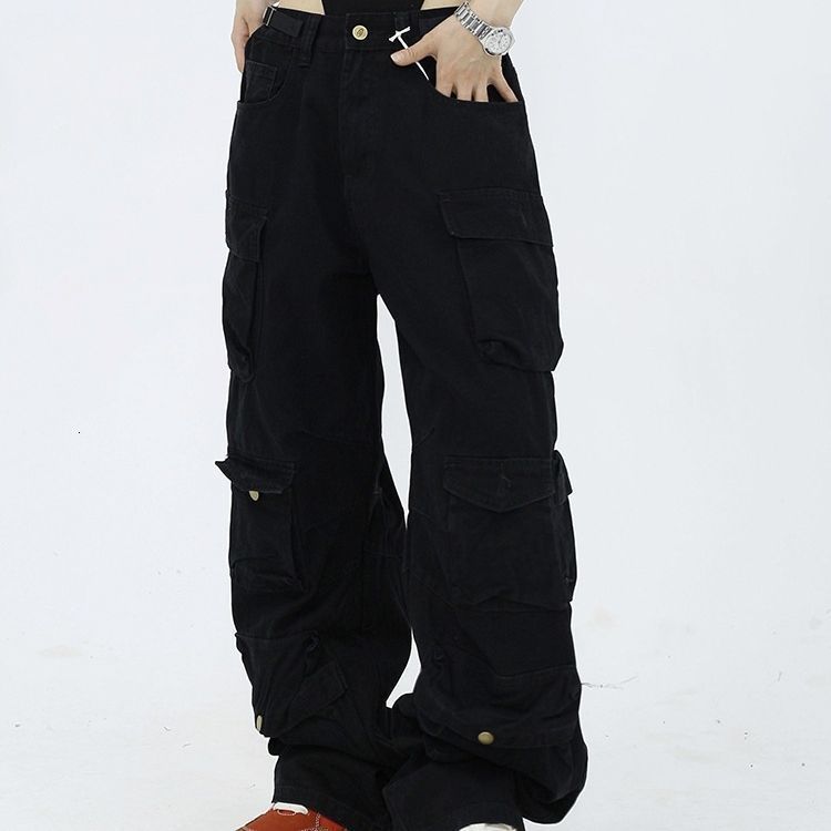 American Style Harajuku Retro Multi Pocket Set Mens Autumn Loose Straight Wash Cotton Rope Y2K Hip Hop Rope 241021