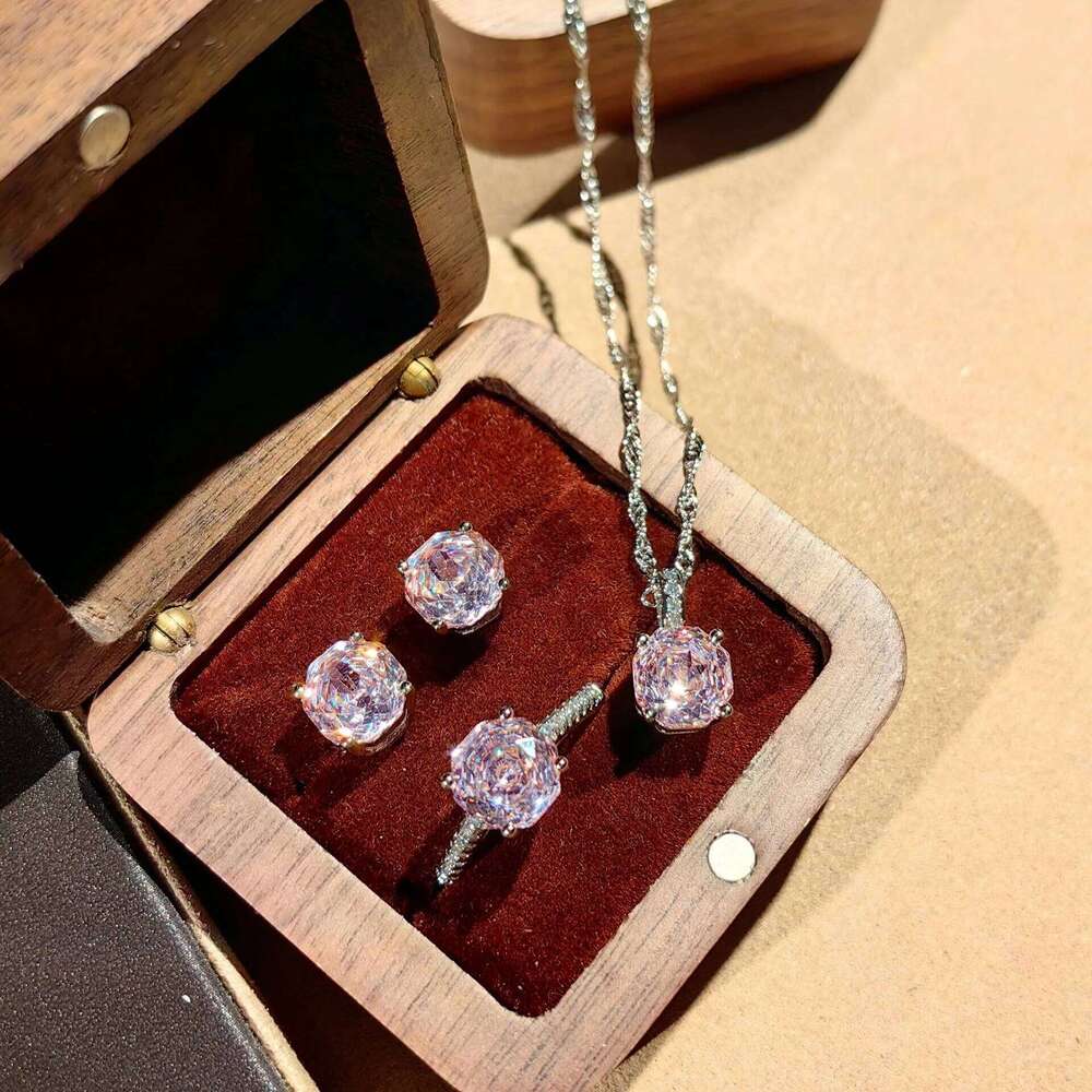 Jewelry Set Luxury Earrings Ring and Necklace Classic 925 Silver Octagonal Rose Cut Brilliant Carbon Diamond Set Anniversary Elegant Jewelry Gift for 