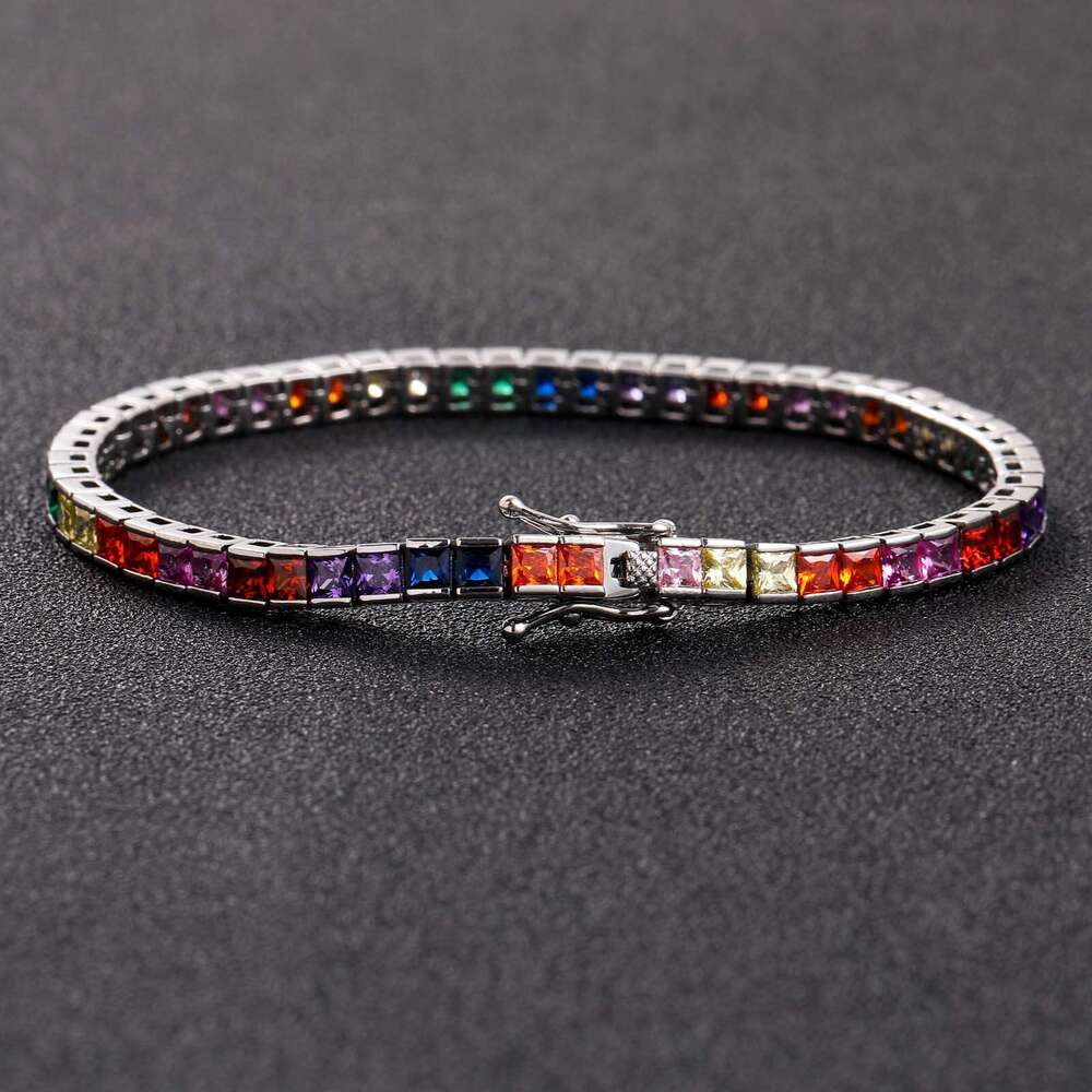 European and American style necklace, 4mm square colorful tennis chain, real gold plated, micro-inlaid zirconia, hip-hop bracelet