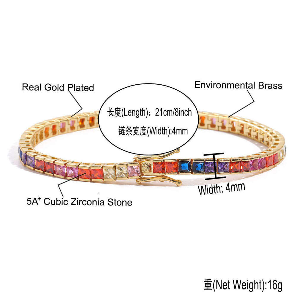 European and American style necklace, 4mm square colorful tennis chain, real gold plated, micro-inlaid zirconia, hip-hop bracelet - view 6
