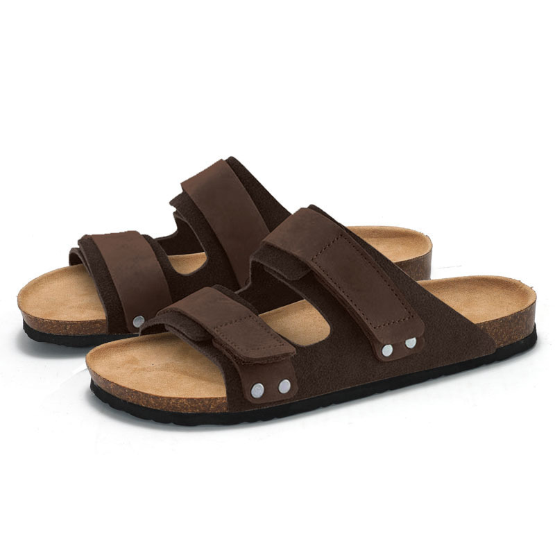 RUIZUSTOCK Men Fashion Khaki Suede Slide Sandals Adjustable Double Strap Cork Footbed Flat Slippers - view 4