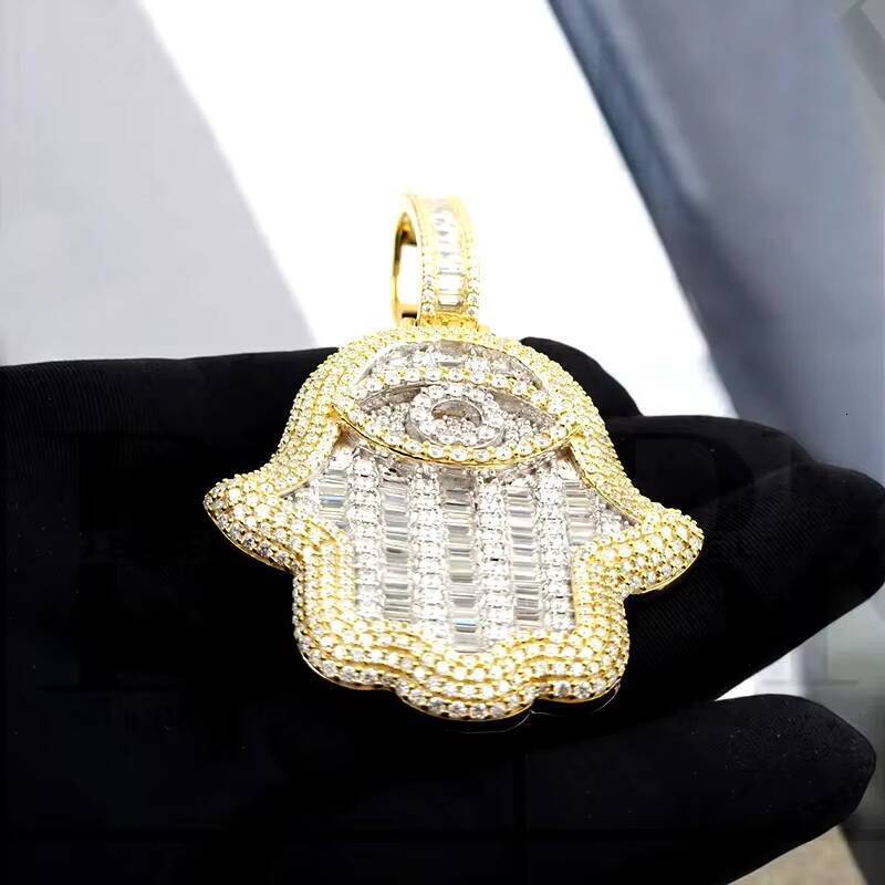 Hip Hop Necklace Iced Out 925 Sterling Silver With 18K Gold Plated Eye Hamsa Hand Moissanite Pendant - view 6