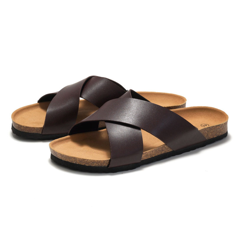 Fashion Gifts RUIZUSTOCK Men Classic Brown Cross Strap Cork Sandals PU Leather Open Toe Slides For Indoor And Outdoor - view 3