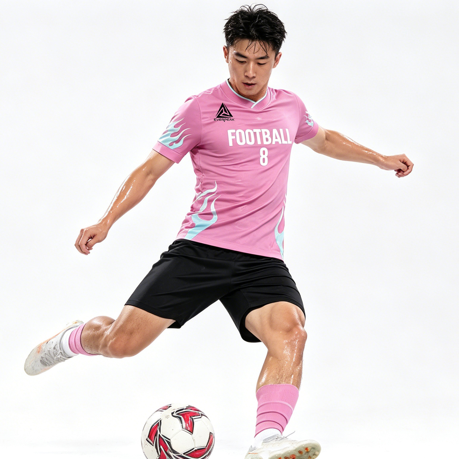 Custom Soccer Jersey Set Men Pink with Light Blue Flame Football Uniform with Shorts Personalized Name Number Breathable Quick Dry Kit - view 3