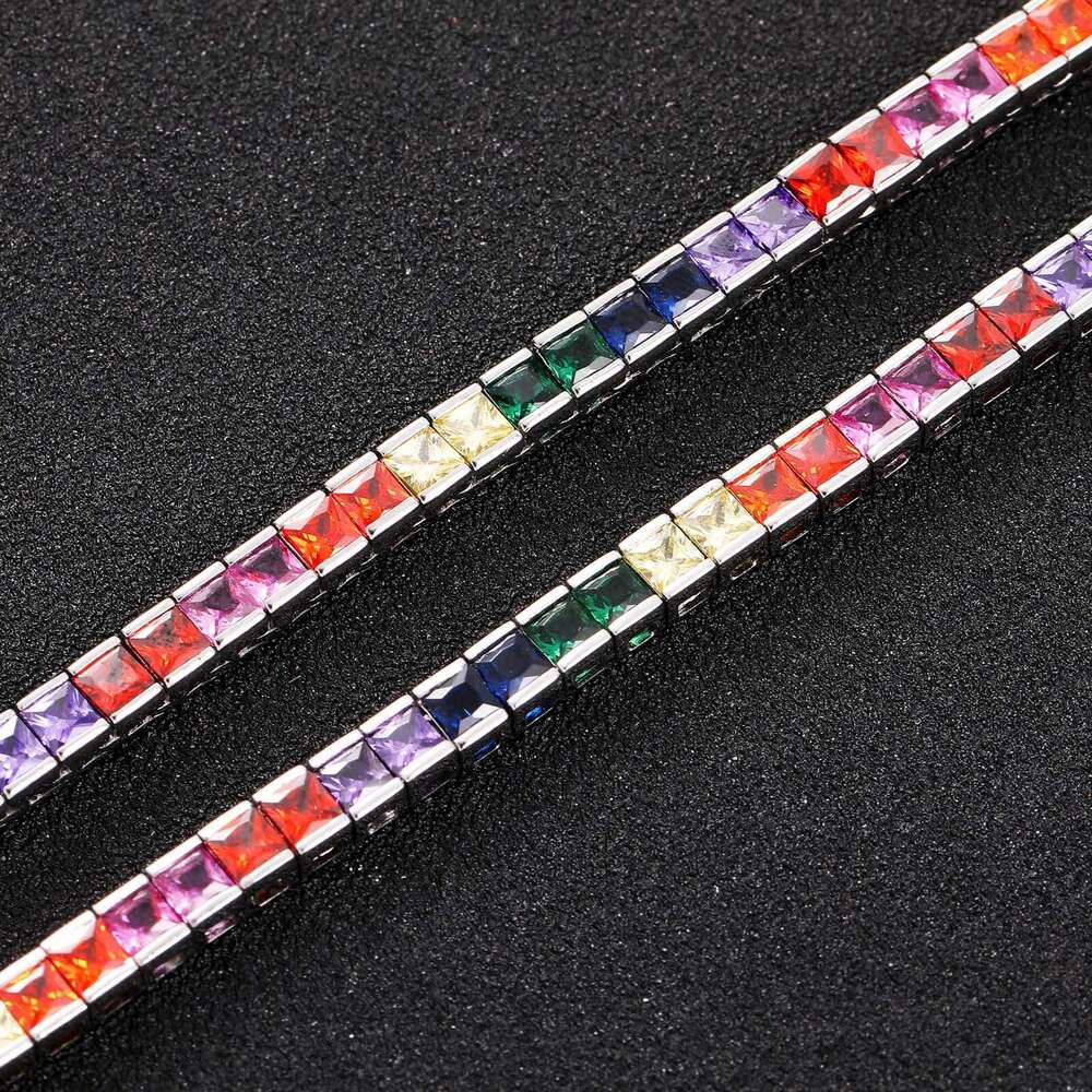 European and American style necklace, 4mm square colorful tennis chain, real gold plated, micro-inlaid zirconia, hip-hop bracelet - view 5