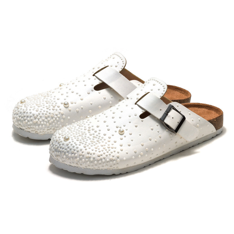 RUIZUSTOCK Women Fashion Pearl Studded Mule Slippers PU Leather Closed Toe Flat Slides With Adjustable Buckle