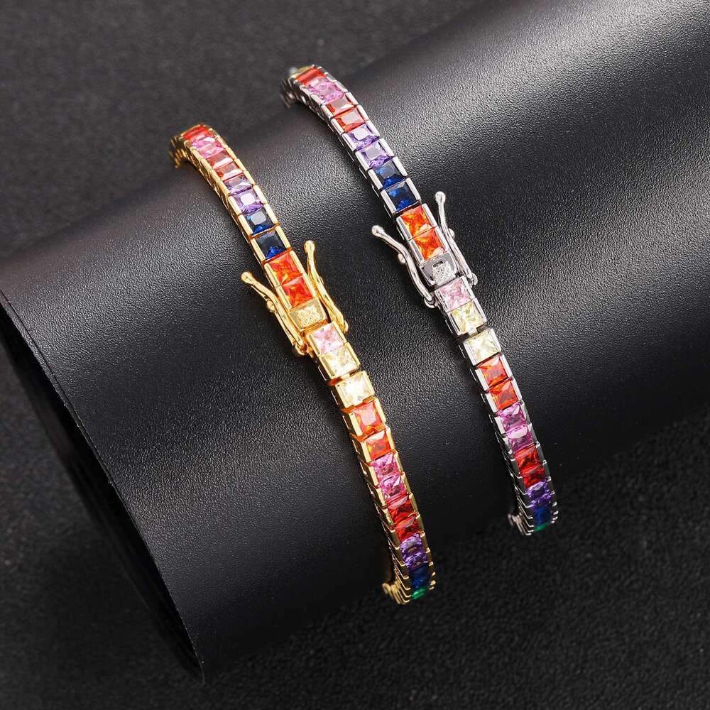 European and American style necklace, 4mm square colorful tennis chain, real gold plated, micro-inlaid zirconia, hip-hop bracelet - view 3