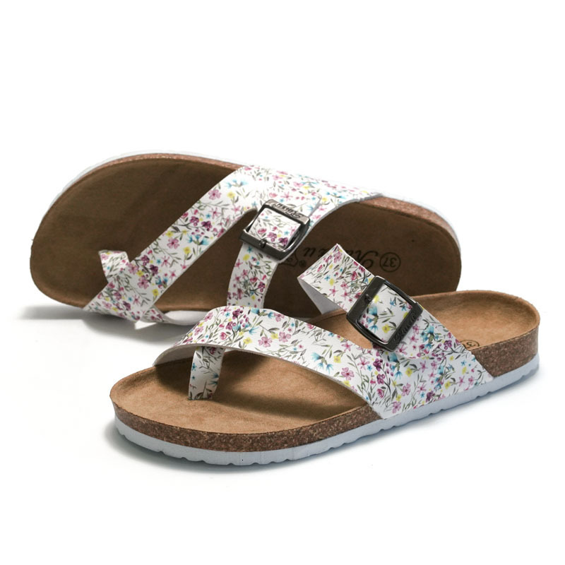 RUIZUSTOCK Women Fashion Gifts Fashion Floral Print Thong Sandals PU Leather Cork Footbed Flat Flip Flops With Buckle