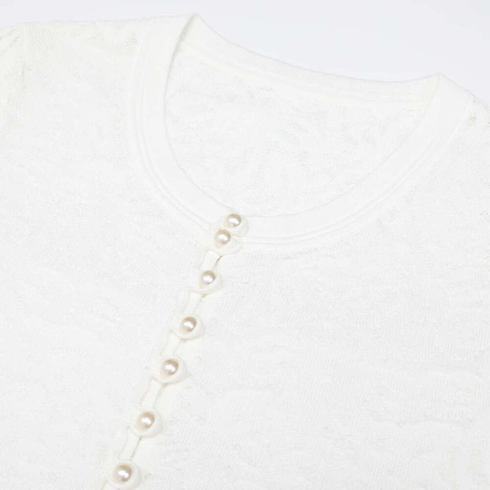French Elegant White Lace & Knit Midi Dress, Round Neck Short Sleeve Fitted Pleated Evening Gown Skinny Slimming