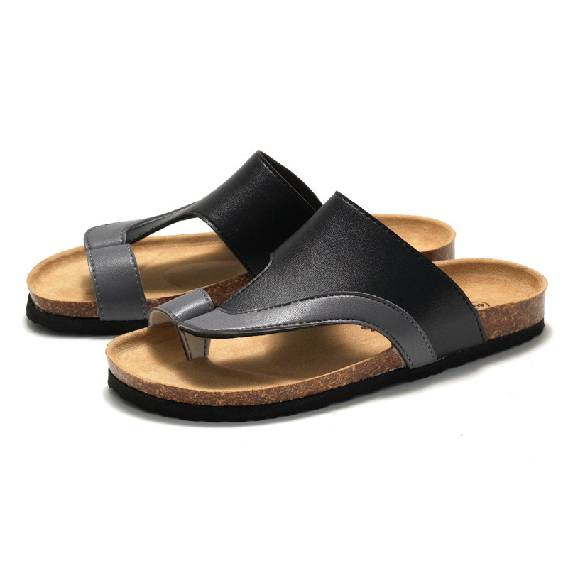 RUIZUSTOCK Men Classic Black Toe Loop Cork Sandals PU Leather Open Toe Slides For Indoor Fashion Gifts And Outdoor - view 6