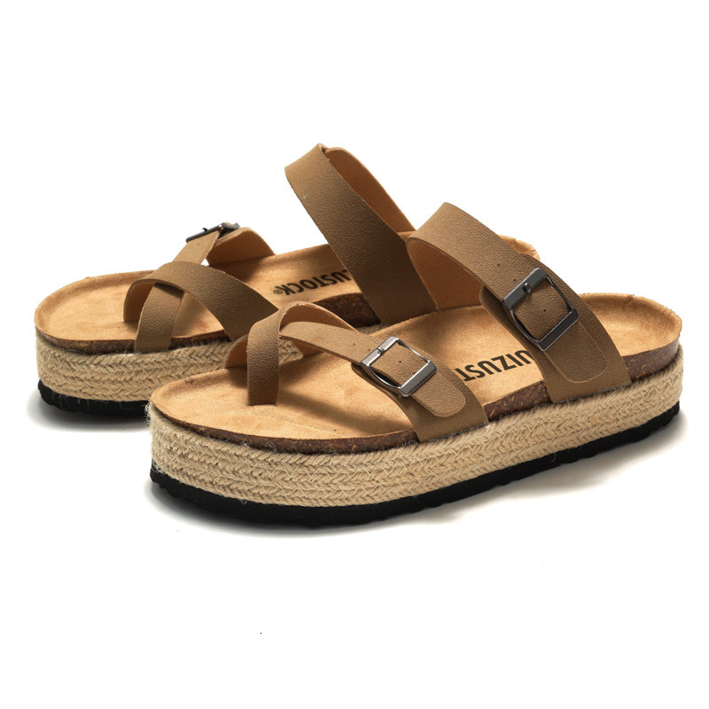 RUIZUSTOCK Women Fashion Brown Platform Thong Sandals PU Leather Espadrille Wedge Flip Flops