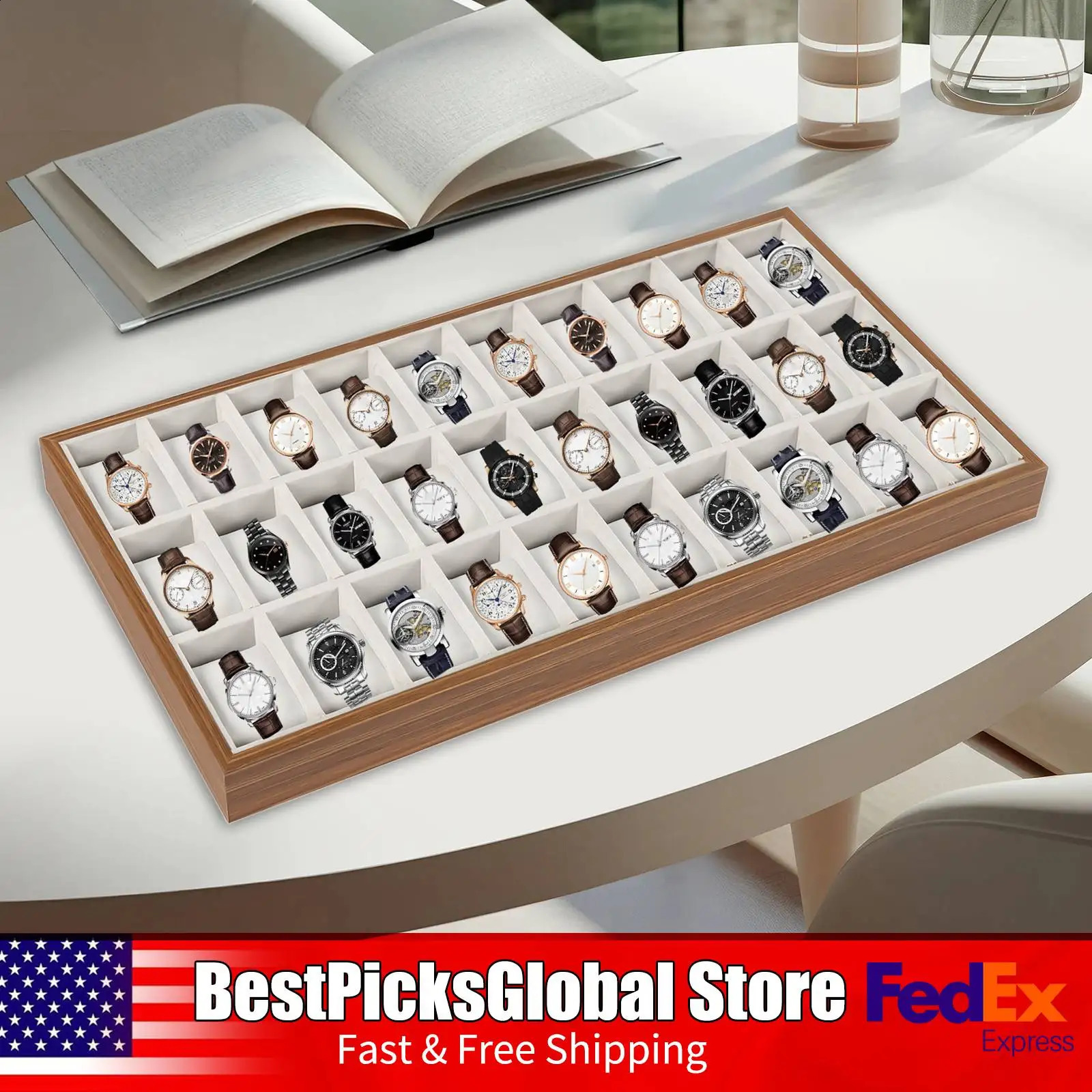 30-Slot Watch Display Case Wooden Watch Organizer Jewelry Storage Box for Bracelets Earrings Brooches and Other Accessories 260520
