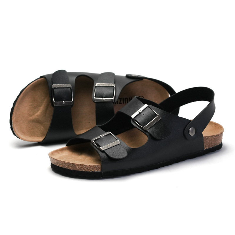 RUIZUSTOCK Men Classic Black Double Buckle Back Strap Cork Sandals PU Leather For Indoor And Outdoor For Summer Indoor Outdoor