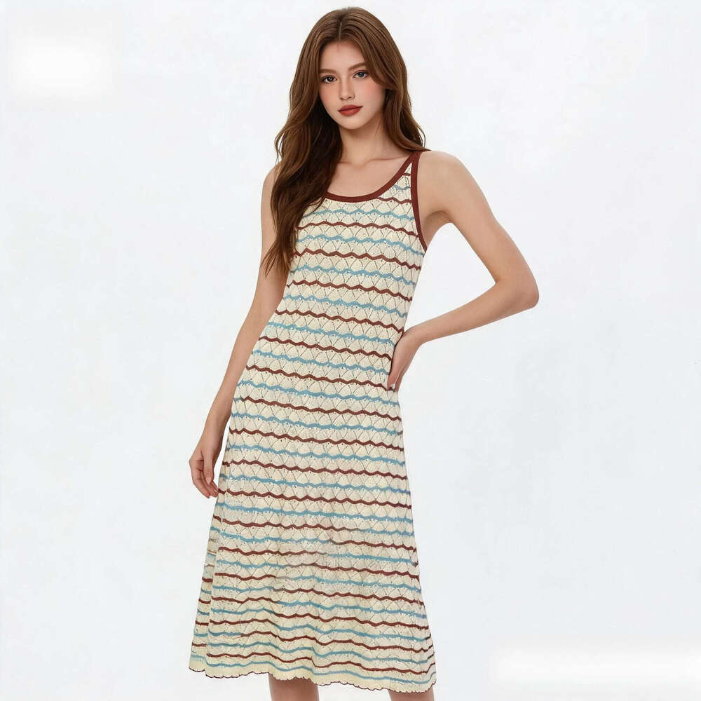 Women's Summer Knitted Cami Maxi Dress Hollow Out Striped Contrast Color Sleeveless Tank Dress Bohemian Beach Sundress Skin Friendly Soft - view 5